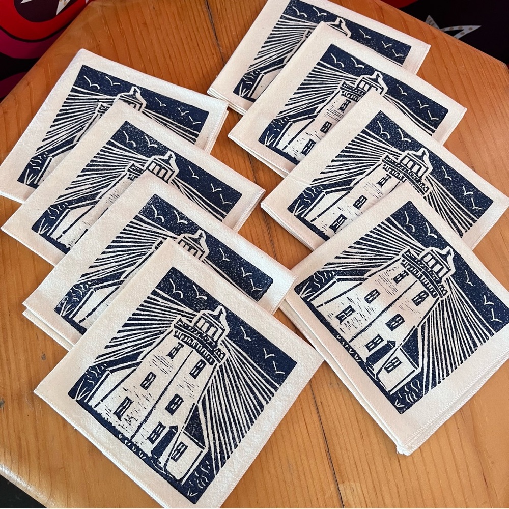Vintage Handmade Linocut Stamped Block Printed Napkins Cloth Cotton Lighthouse